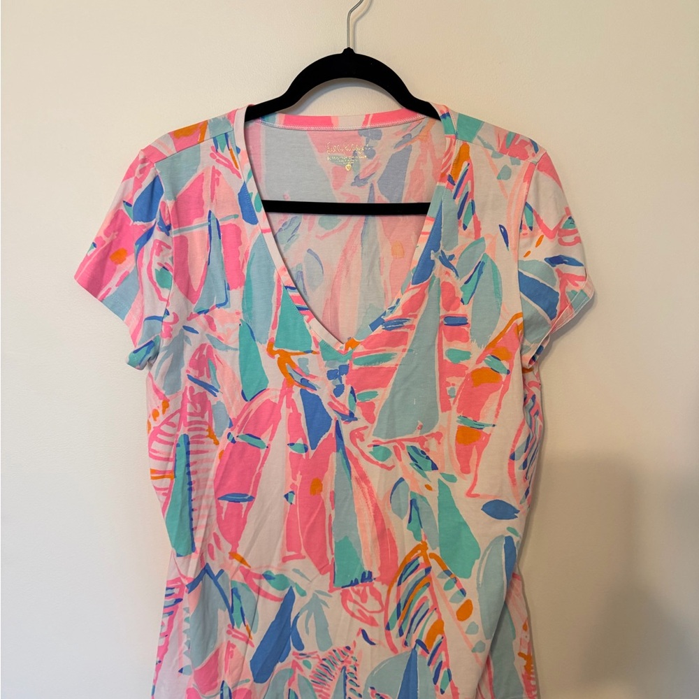 Lilly Pulitzer Pastel Abstract V-Neck Tee - Pink, Aqua & Blue